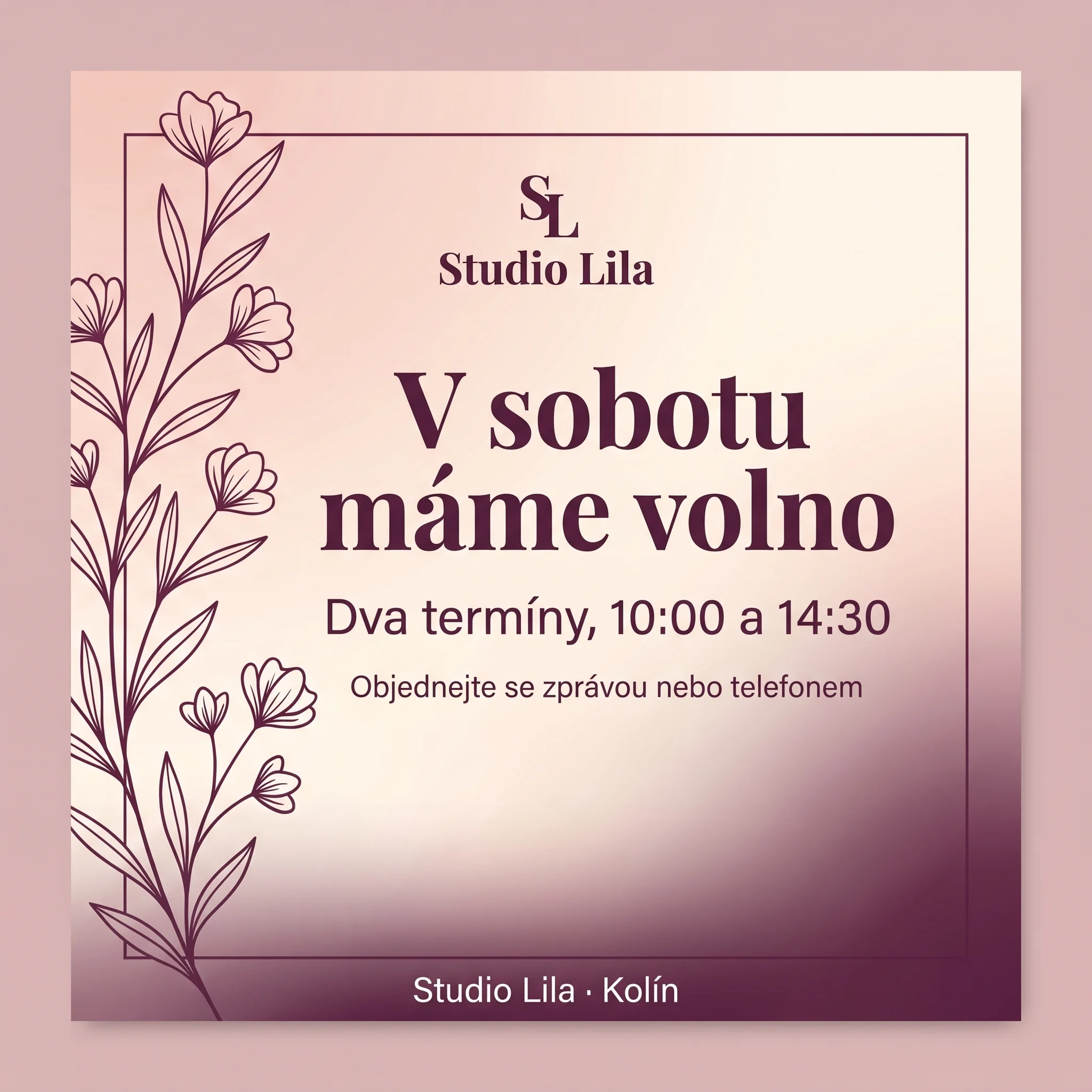 Ukázka: příspěvek Studia Lila. V sobotu máme volno. Dva termíny, 10:00 a 14:30. Objednejte se zprávou nebo telefonem. Studio Lila · Kolín